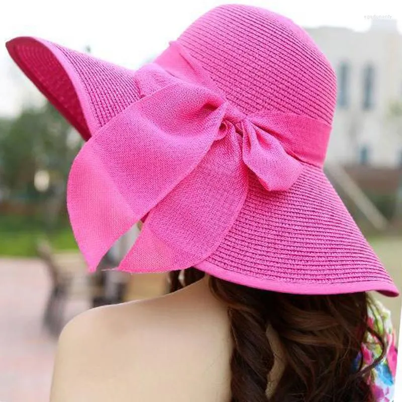 Chapeaux à bord large Summer Style Femmes pliables Grands plage Sun Sun Hat Vacon Big Bow Paille Cap pour les dames Elegant Chapeau Femme JS454 Eger22