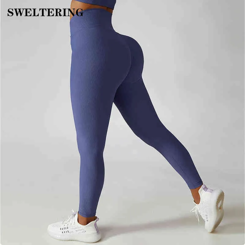 Leggings sin costuras de cintura alta para mujer Push Up acanalado Deportes Gimnasio Fitness Correr Yoga Pantalones Energy Elastic J220706