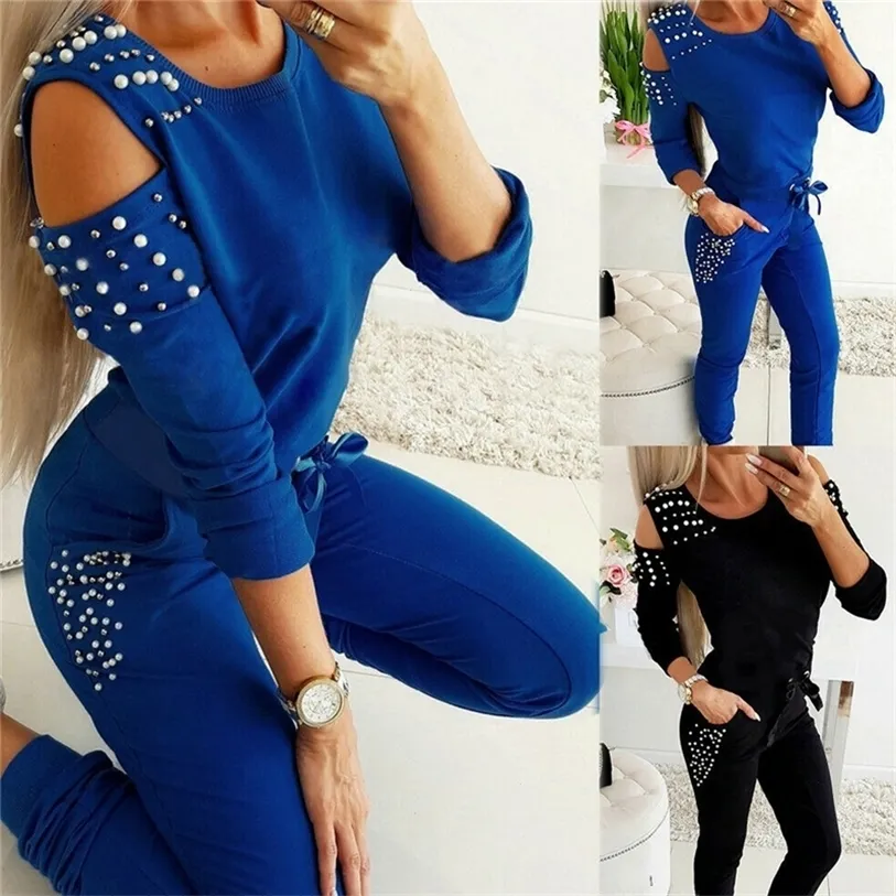 Tracksuit Women Two Piece Set Beading Decor Cold Shoulder Long Sleeve Top + Pants Jogger Suit Female Casual Lounge Wear Outfits 220326