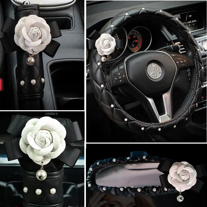 Housses de siège de voiture cristal strass fleur de camélia accessoires intérieurs femmes cuir couverture de volant frein à main ceinture de vitesse