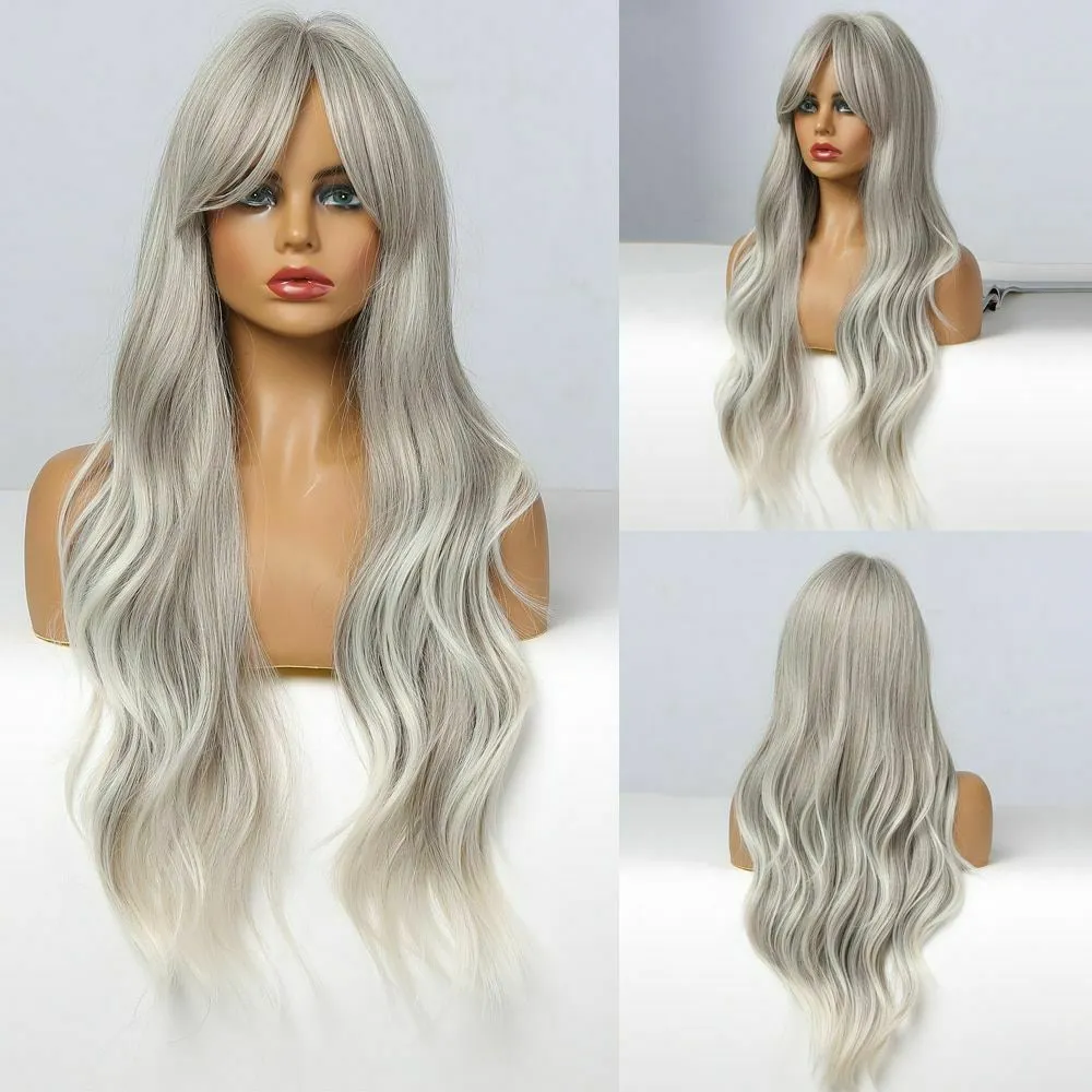 Ombre gris longue perruque ondulée synthétique naturel Bang Cosplay femmes cheveux quotidiens