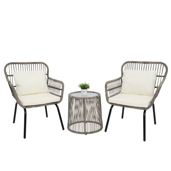 Muebles de comedor Bistro de conversación de mimbre de patio de 3 piezas con 2 sillas de vidrio Top Mesa Side Cushions Tan