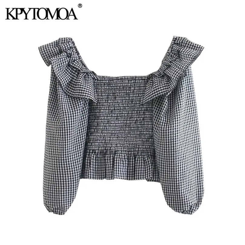 Kpytomoa Women Fashion Elastic Smocked Ruffled Cropted Blouses Vintage Lantern Sleeve Plaid vrouwelijke shirts blusas chic tops 210326
