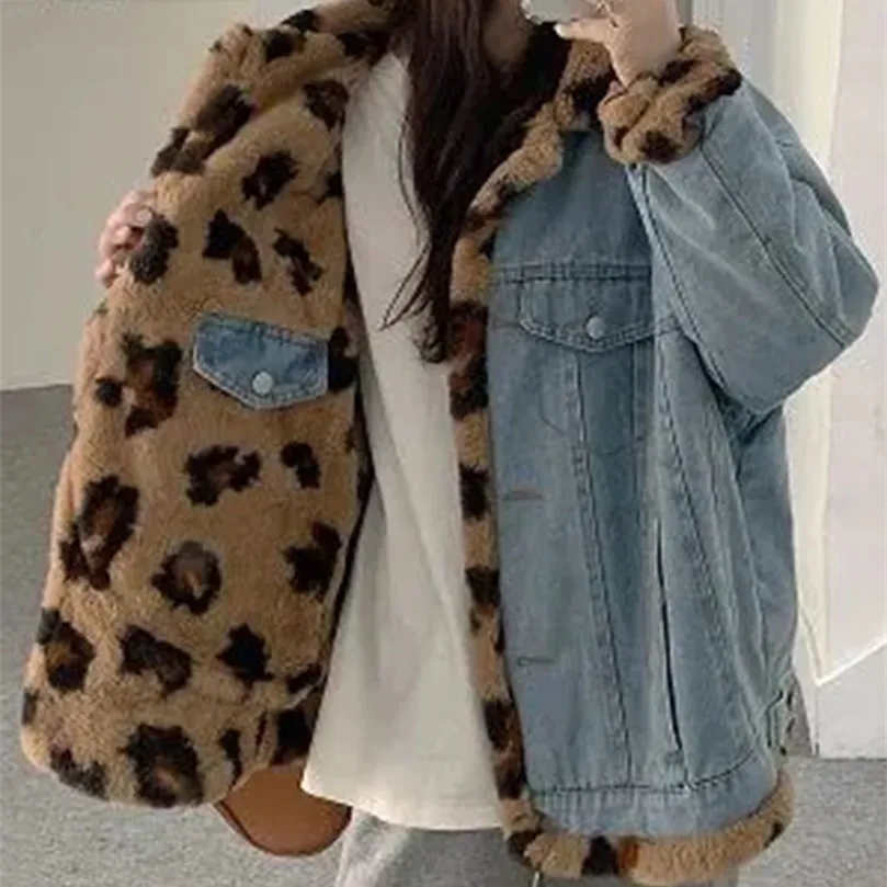 Aelegantmis vinter denim jackor för kvinnor leopard tryck reversibel jean jacka harajuku chic förtjockas varma sammetrockar kvinnlig 220812