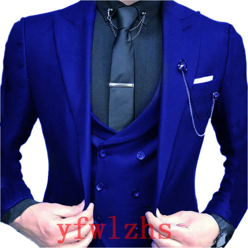 Men Suits One Button Groom Tuxedos Peak Lapel Groomsmen Wedding/Prom/Dinner Man Blazer (Jacket+Pants+Tie+Vest) w629