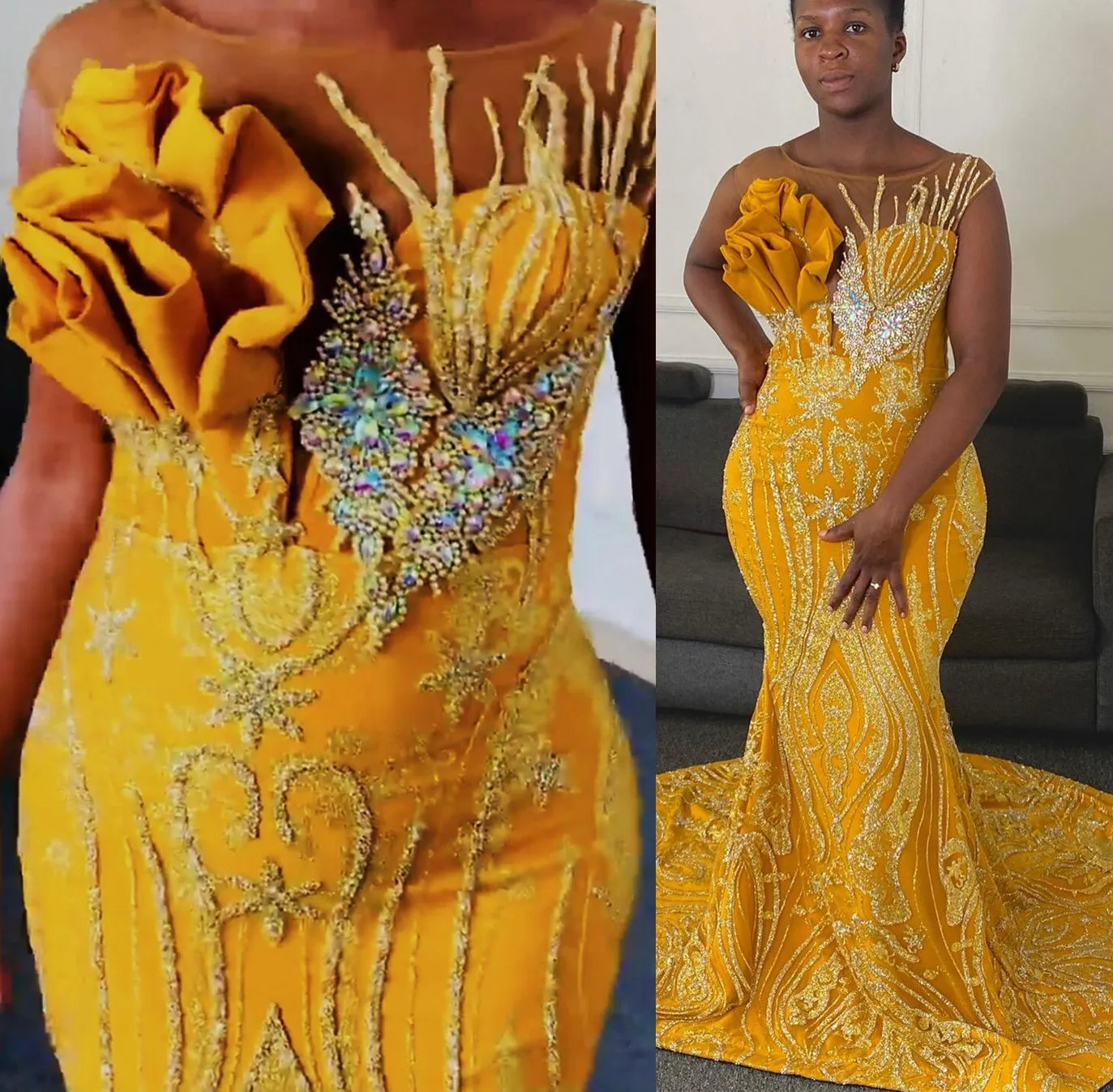 Luxurious Mermaid Yellow Plus Size Arabic Aso Ebi Gold Prom Dress For