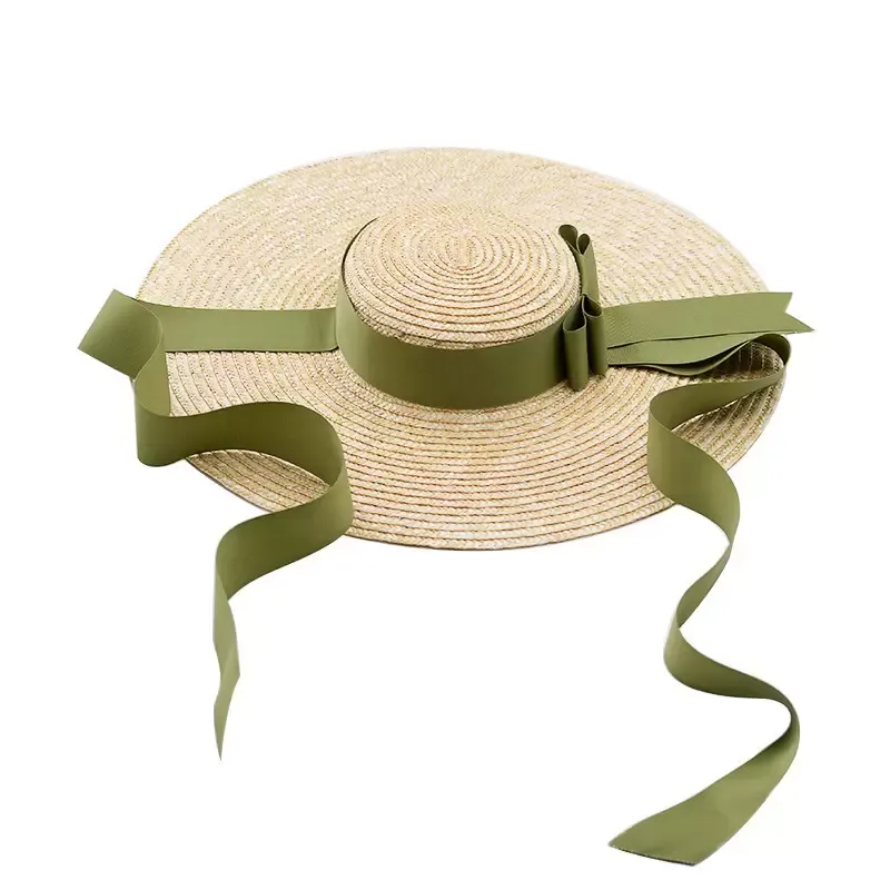 Caluriri Summer largo grande cappello di paglia brimo floppy wheat women flat top nastro prua lady beach sole