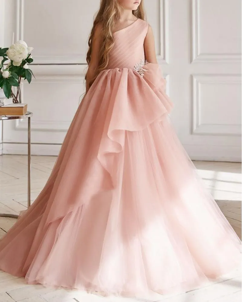 Flickans klänningar Princess Girl Dress for Wedding Party One Shoulder Ruffles Organza Puff Robe Fille Bridesmaid Kids Flower Dressgirl's