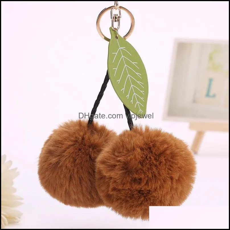 cute cherry key chain pendant leaf keyring faux rabbit fur ball pompom fruit keychains women bag charms jewelry 15 styles d474q