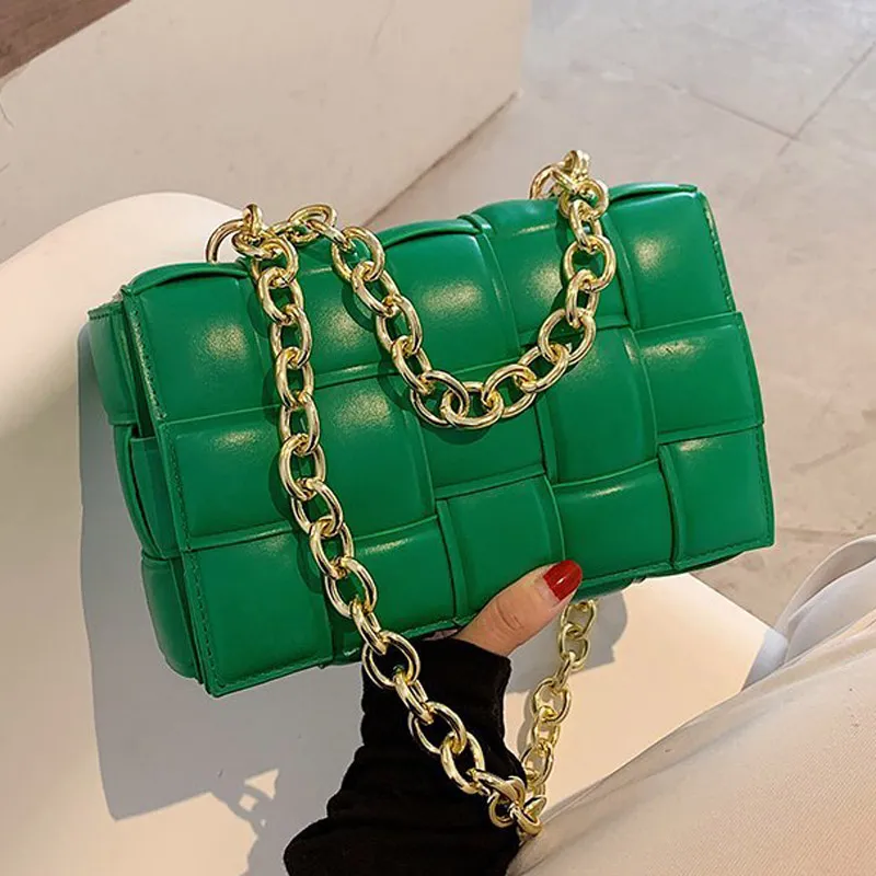 Square Weave Bags For Women Trend Leather Handbags Plaid Bag With Thick Chain Strap Shoulder Bag Samll Black Crossbody Bag
