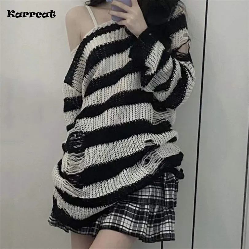 Karrcat Punk Gothic Long Sweater Women Dark Aesthetic Striped Pullovers Hollow Out Oversized Grunge Jumpers Emo Alt Clothes Y2k 220817