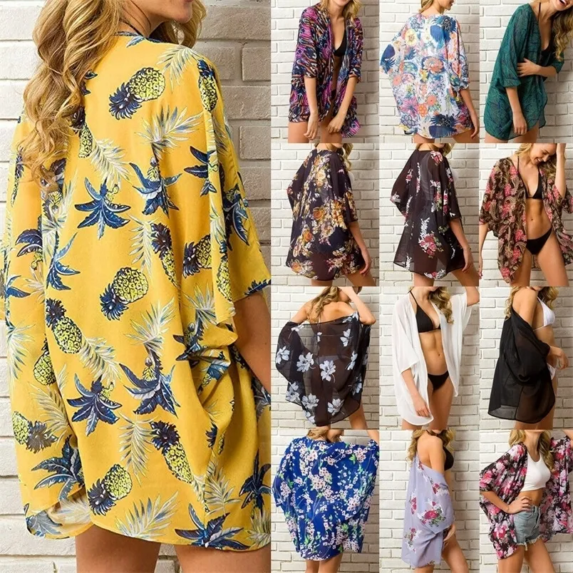 13 färger Sommarkvinnor Floral Kimono Swim Coverups Female Boho Cardigan Bathing Tops Beach Bikini Cover Up Outfits 220621