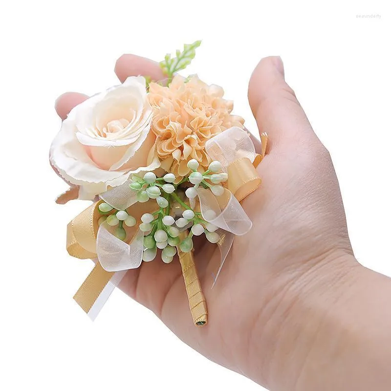 Pins Brooches 1Pc Hand Flowers Boutonniere Wrist Flower Artificial Bridal Bridesmaid Flower/corsage Decor Jewelry Seau22