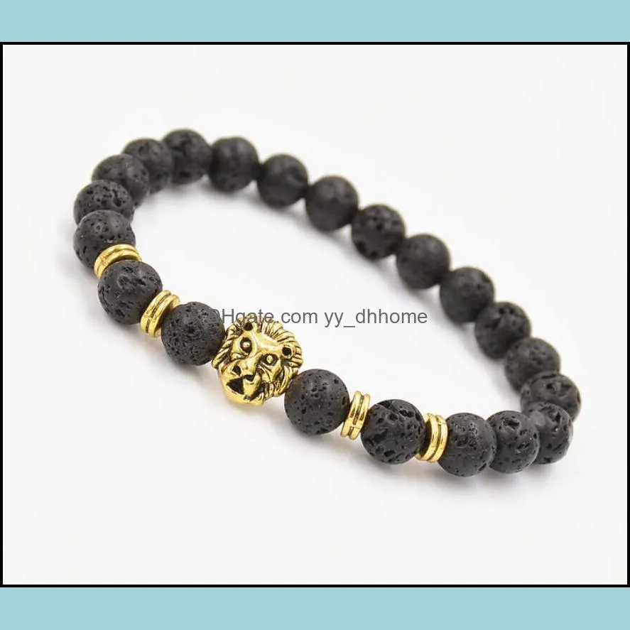 Natural Lava/volcanic Buddha Leo  Head Beaded Strands Bracelet Black Lava Stone Bead Bracelets Men Women Jewelry Rope Chain Strand