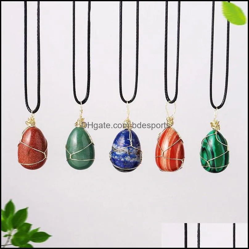 Natural Crystal oval rough egg arts pendant Reiki healing Chakra Gemstone gold wire braided Net bag Large Particle Pendant Jewelry Energy Gem