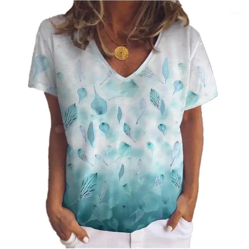 Women's T-Shirt 2022 Summer Floral Print T Shirt Women Short Sleeve Leaf Tops Casual V Neck Loose Shirts Blue Green Oversized Camisas Mujer