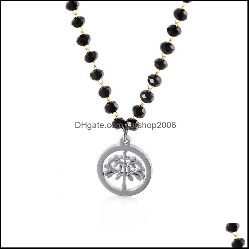 Fashion Simple Black Glass Round Bead Tree Of Life Titanium Steel Ladies Necklace Chains