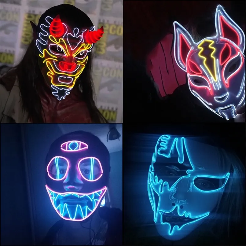 Party Masks Cosplay Halloween Luminous Light Up Led El Wire Neon Glowing Anime Masque Masquerade Horror 220826