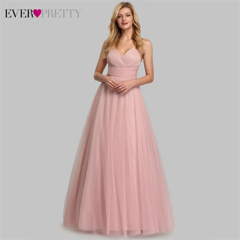 Cute Pink Bridesmaid Dresses For Women Ever Pretty EP07905PK A-Line V-Neck Tulle Sparkle Wedding Guest Dresses Sukienki Weselne 201114