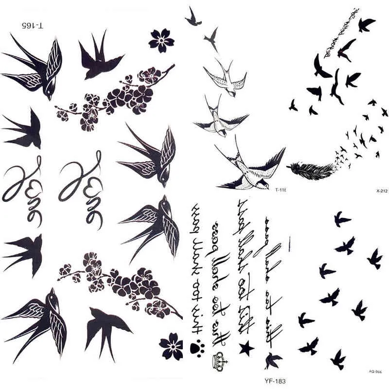 NXY tatuaje temporal lindo golondrina pájaro pluma pegatinas flor rama letra agua transferencia mujeres cuerpo pecho brazo arte hombres mano 0330
