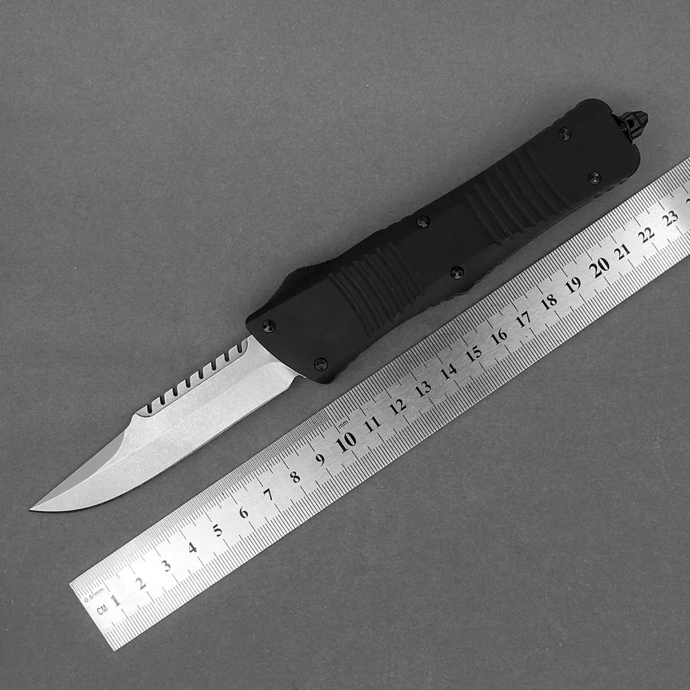 1PCS R6257 Automatisch tactisch mes D2 Satijnen druppelpunt Blade T6061 Aviation Aluminium Anti-sliphandgreep Survival Pocket Knives met nylon tas en retailgereedschap