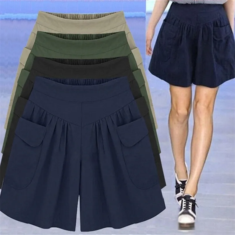 Summer Women Plus Size Solid Color Elastic Midje Casual Loose Shorts With Pocket Fashion Kvinnliga strandbadkläder Wide Leg 220629