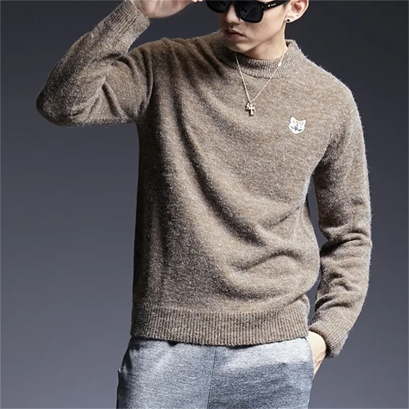 Modemärke tröja man pullover o-hals smal passform jumpers stickad lapp arbete vinter koreansk stil casual män kläder 201221