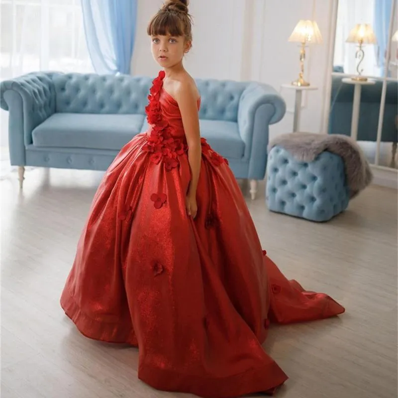Vestidos de niña Bling Red Flower Girl para boda Un hombro Flores 3D Little Kids Pageant Vestidos Una línea Vestidos Party GownsGirl's