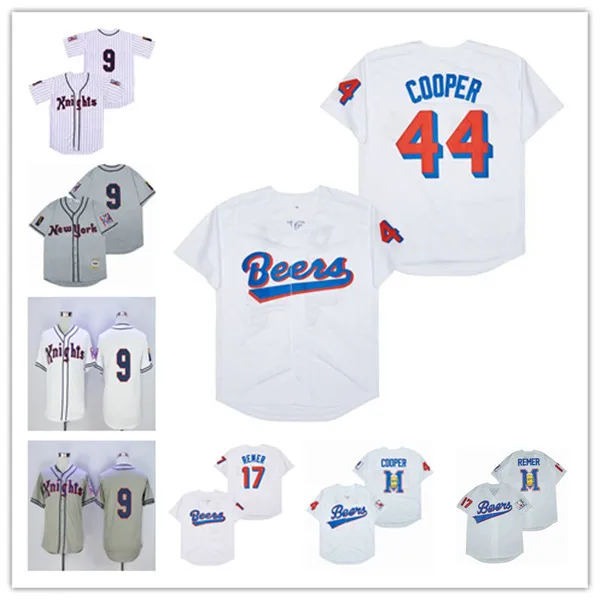 Hommes Film Baseball Jerseys Milwaukee Beers 17 Doug Remer 44 Joe COOP Cooper Cousu Gris Blanc New York Knights 9 Roy Hobbs Jersey Taille S-XXXL