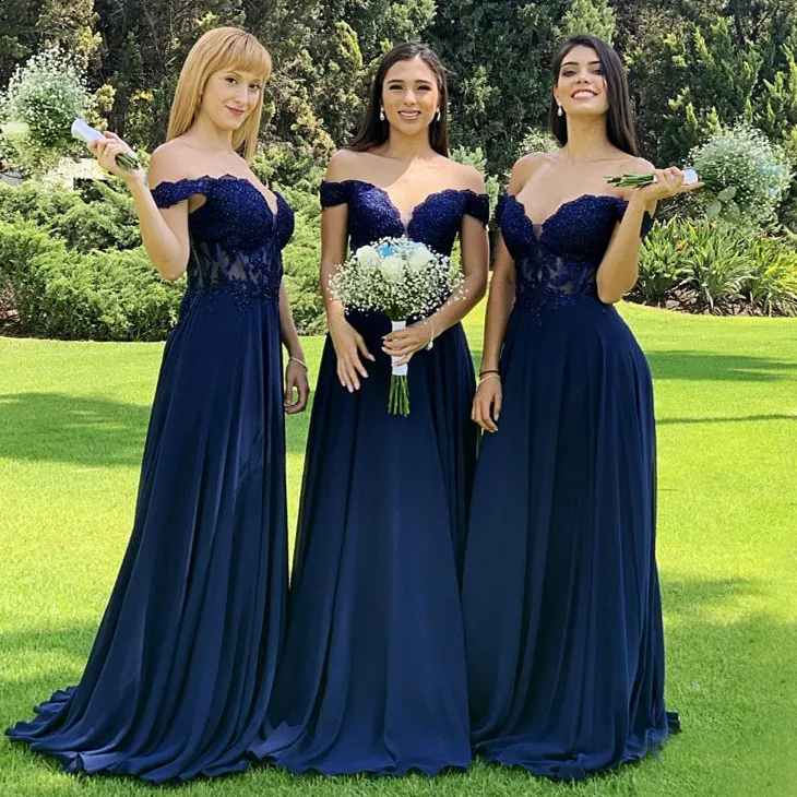 Elegante marineblauwe bruidsmeisjekleding voor bruiloft 2022 mode sexy illusie bovenste schouder chiffon kanten kralen formele feestjurken korset lange prom avondjurken