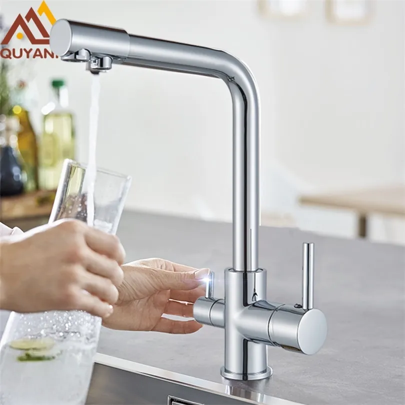 Quyanre Chrome Waterfilter Taps Kitchen Faucetsミキサー飲料水フィルター3ウェイキッチン蛇口タップH/CウォーターミキサータップT200812