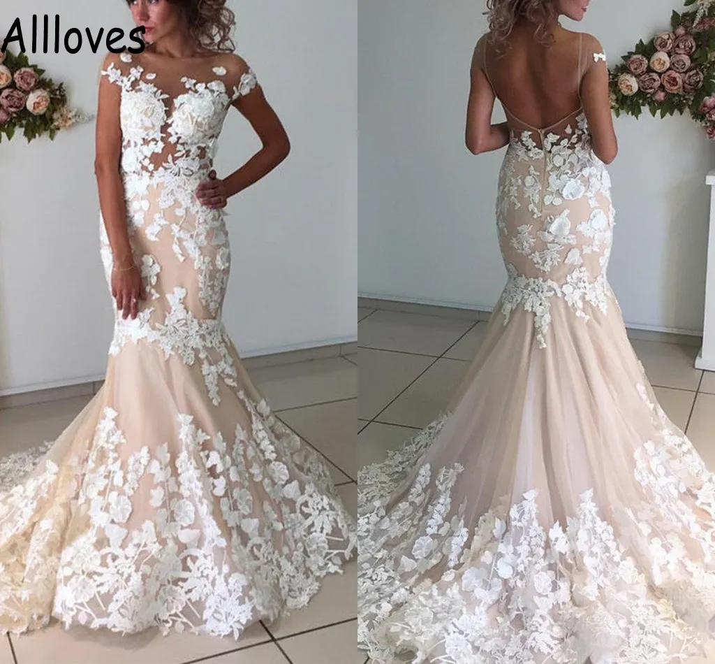 Rustique Pays Champagne Sirène Robes De Mariée Glamour Dentelle Appliqué Sheer Cou Cap Manches Robe De Mariée Balayage Train Sexy Dos Ouvert Robes De Novia CL0718