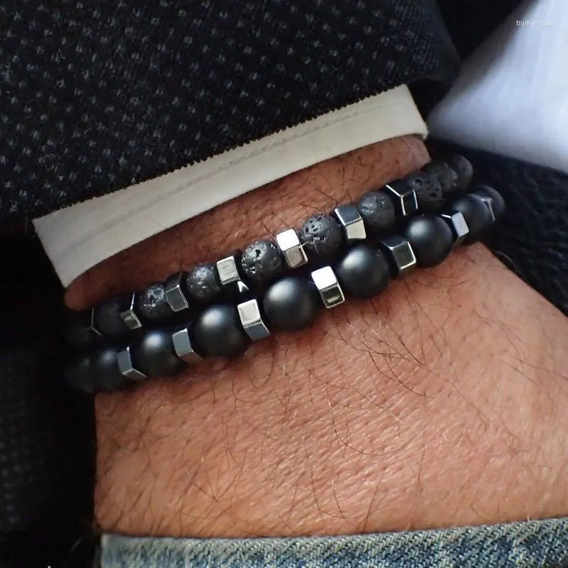 Link Chain 2pcs/set Beaded Bracelet Men 8mm Lava Tiger Eye Stone Bead Charm Sets Jewelry Gift Pulsera Hombre Trum22