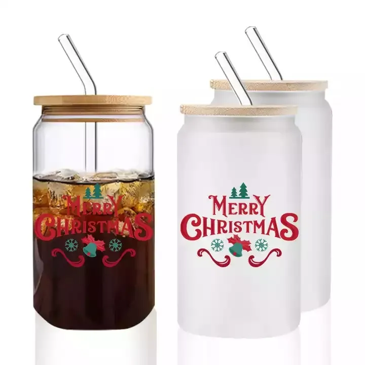 16oz Sublimation Glass Cola Can Mugs Single/Double Wall Tumbler Beer Jar Soda Beverage Straw Cup with Bamboo Lid And Plastic Straw