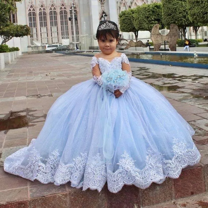 Lekkie niebo niebieskie sukienki z kwiatami z kwiatami gałki szyi koronkowe aplikacje urodziny małe dziewczynki sukienka ślubna Komunalne suknie.