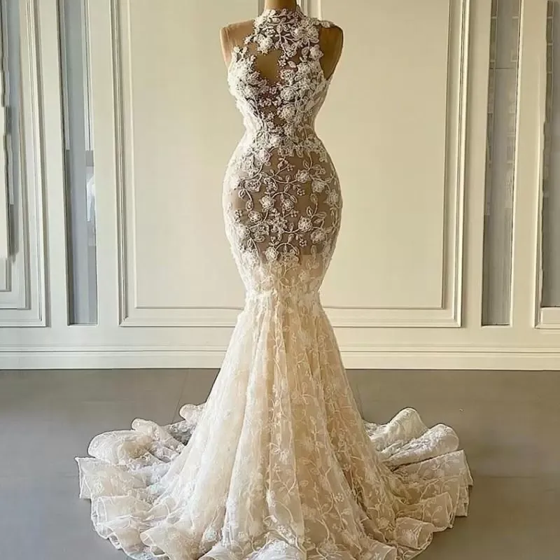 Superbes robes de mariée sirène robe nuptiale en dentelle applique sexy corsage personnalisé sur mesure haut de gamme plus ruban de plage arrière vestide de plage de novia 403