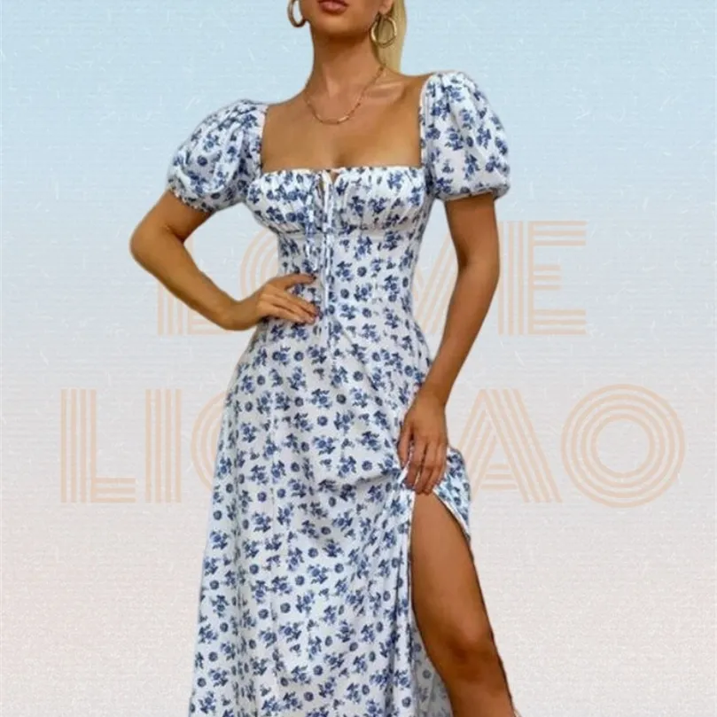 Ditsy Floral Print Puff Sleeve Tie Front High Split Dress Women Ruched Drawstring Party Long Dress Vestidos Sundress 220705