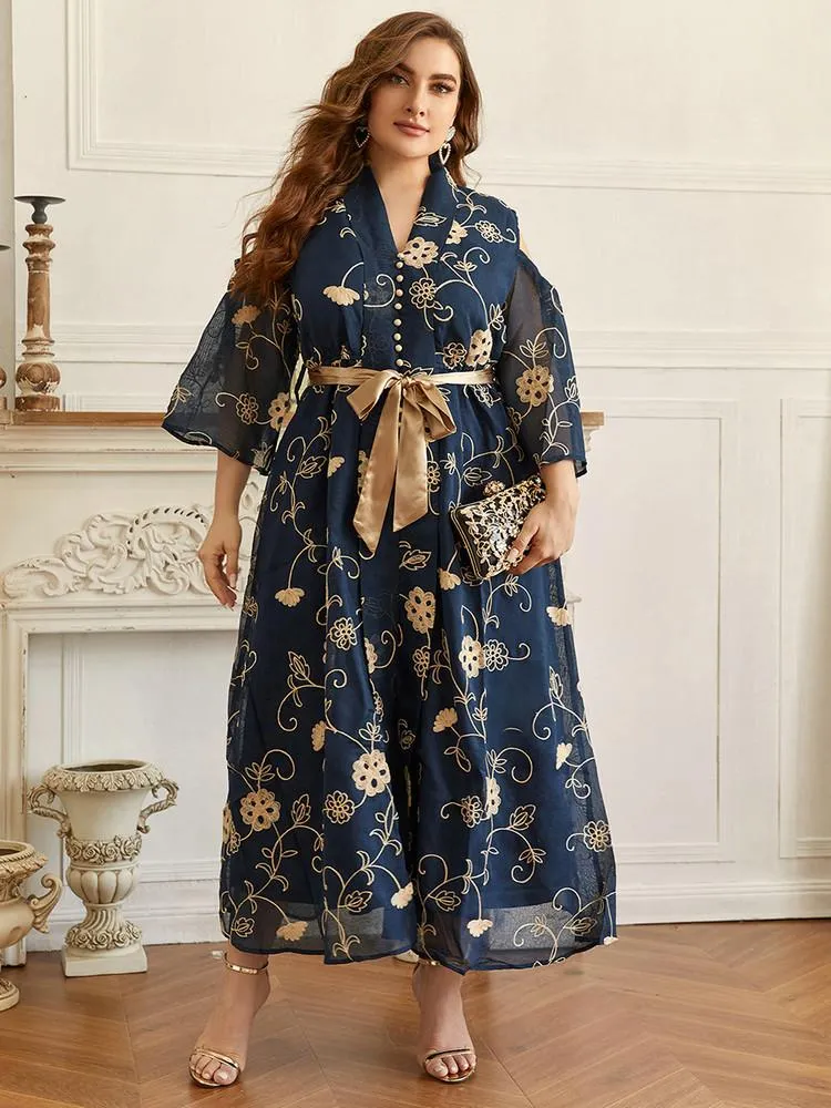 プラスサイズのドレス大マキシ女性豪華なエレガントパーティーイブニング2022冬の青い長い特大のイスラム教徒のフェスティバル衣料品