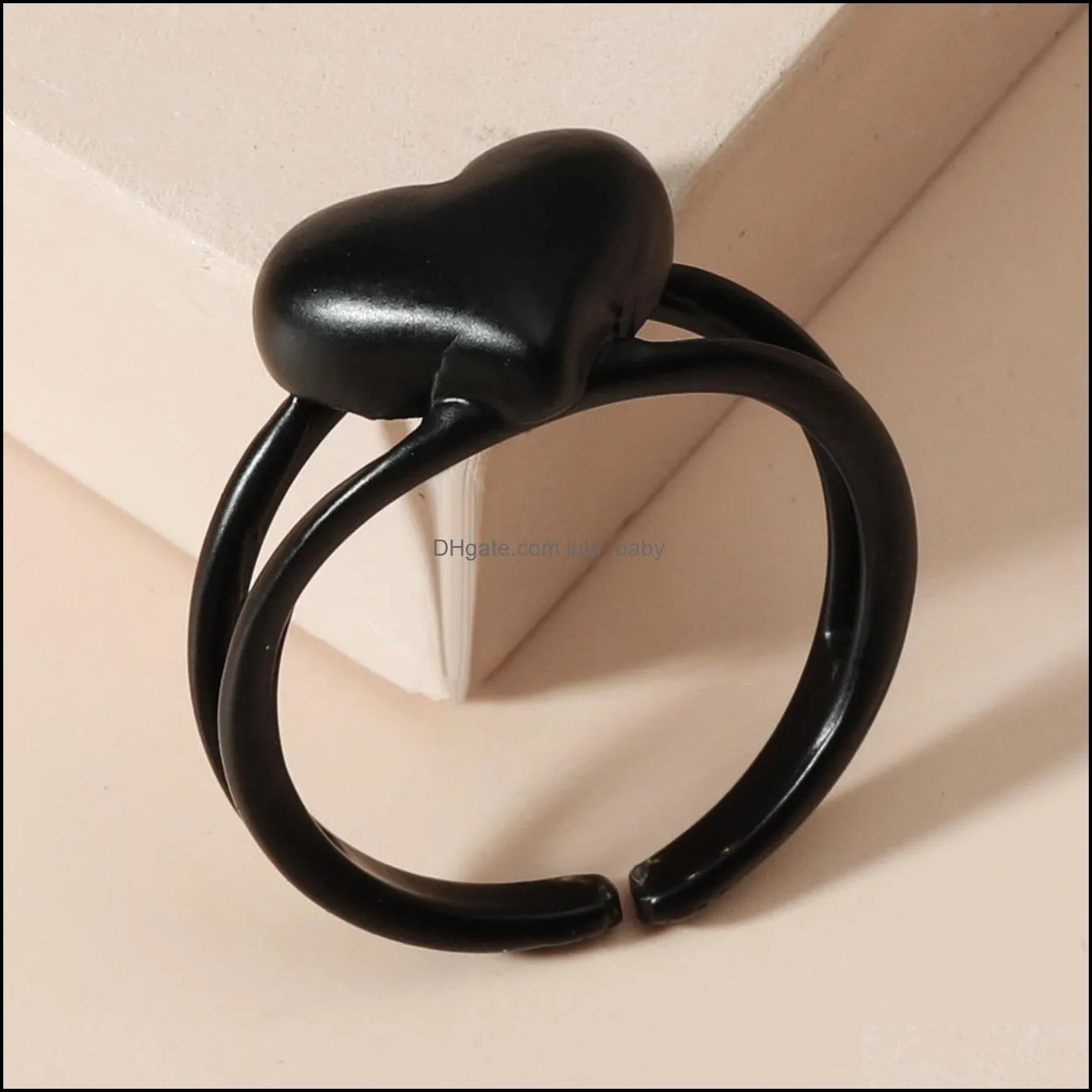 punk gold black charms double layer love heart rings for women men simple adjustable open geometric stainless steel rings couple party