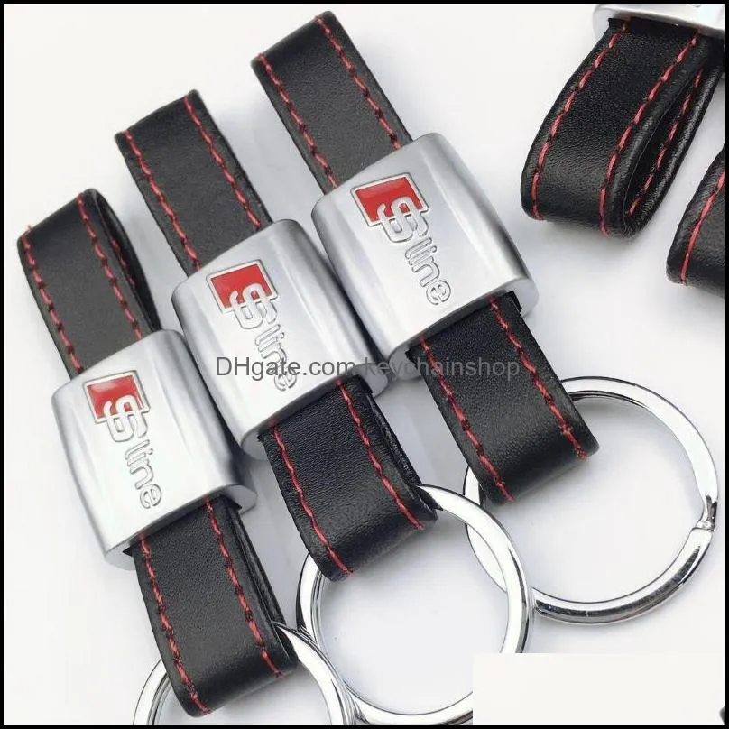 sline keychain emblem badge sticker black red line leather for audi 3 a4 a5 a6 a8 tt rs q5 q7 s keyring keyfob