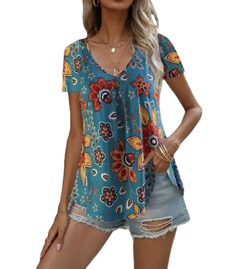 Женские блузкие рубашки Blusas Vintage 3D Flower Print Женская футболка футболка с коротким рукавом с коротким рукавом.