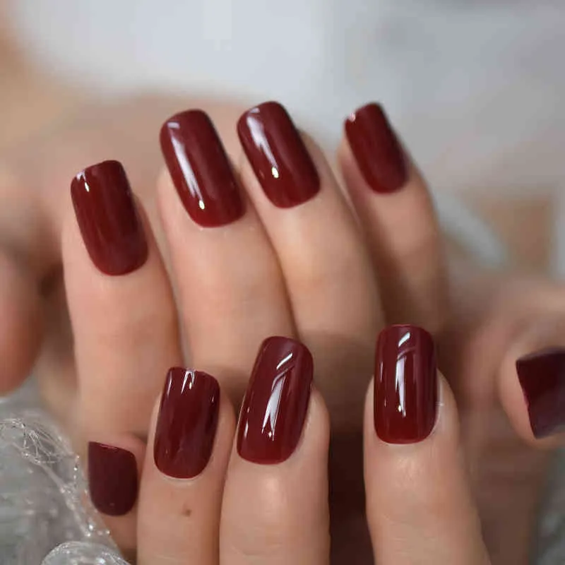 False Nails Glossy Red Brown Press on False Nails Square Flat Top Shape Gel Nude Medium Long Fingersnails for Women Girl Daily Wearable