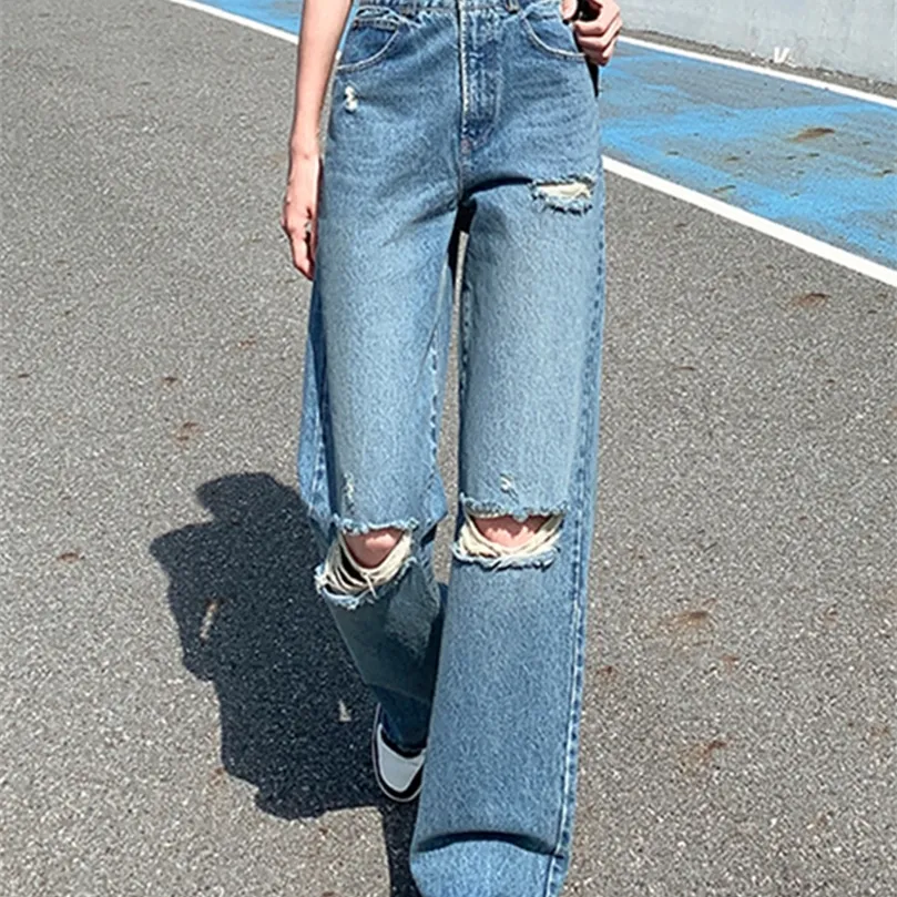 Syiwidii ​​Y2K Rippade jeans för kvinnor hål hög midja pojkvän jeans vintage streetwear brett ben rak denim joggers byxor 220815