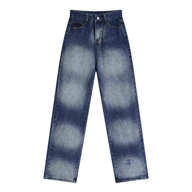 Jeans kvinnor tvättade tie-dye gradient färg amerikansk gata neutral löst löst brett ben raka ben byxor kvinnliga byxor trend t220728