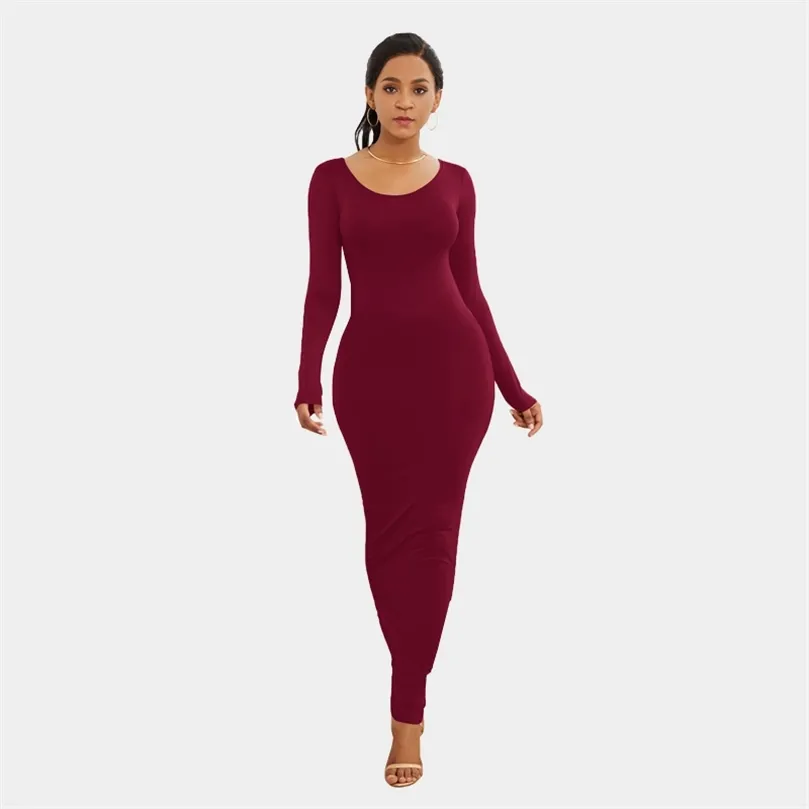 Slim fotled längd lång maxi klänning långärmad tät blyerts kvinnor klänning hösten vestidos rött svart paket höft bodycon klänningar xl 210320