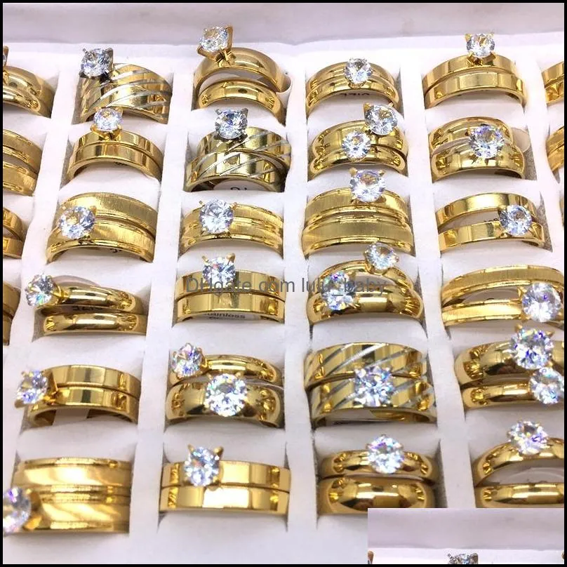 20pairs of 2 in 1 hand inlay zircon stone golden plated stainless steel rings for men women wedding band party jewelry