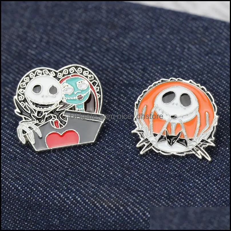 fashion jewelry the nightmare before christmas brooch jack and sally skull exquisite brooch pin punk lover halloween gifts