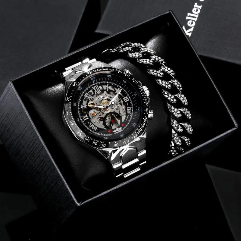 Wristwatches Classic Silver Business Bracelet Men Watch Set Fashion Watches Leisure Mechanical Wristwatch Gift Box Birthday For BoyfriendWri
