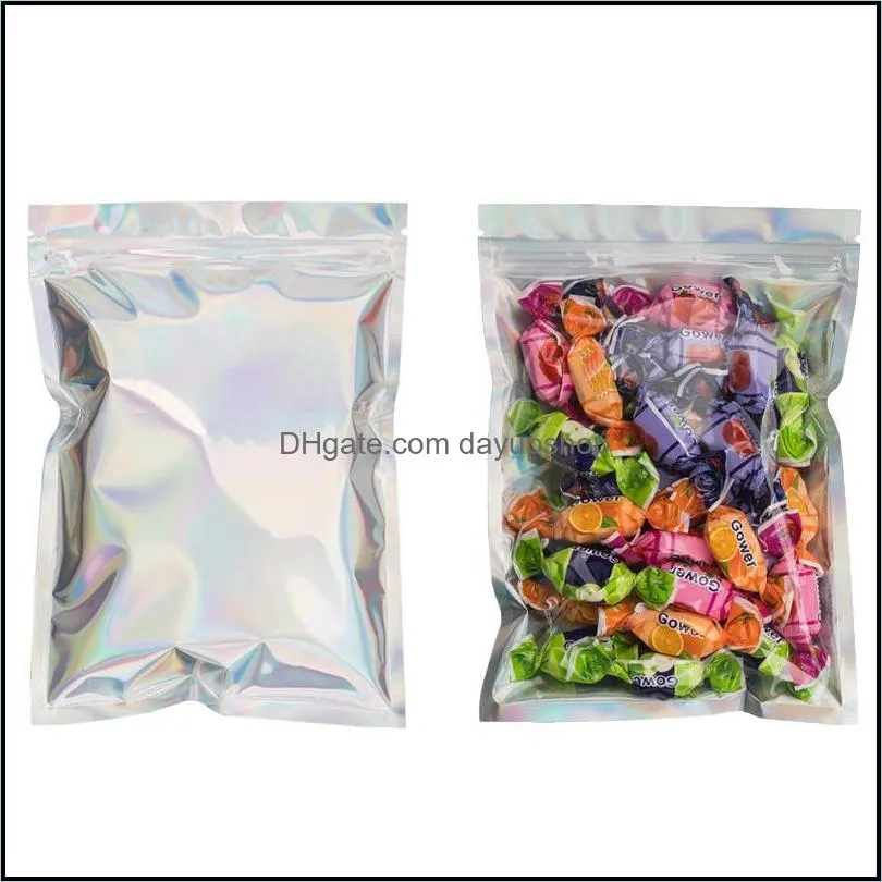 multiple sizes resealable smell proof bags foil pouch bag flat bag for party favor food storage, holographic