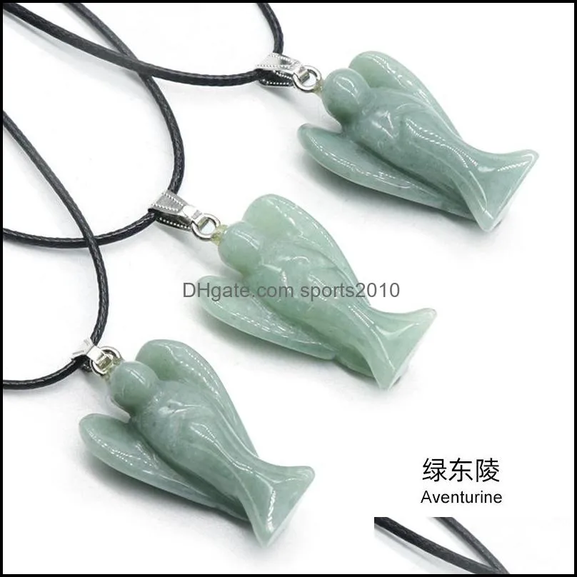 natural stone gem carved angel pendant rose quartz crystal jade onyx bead necklace healing guardian jewelry for women men rope chain